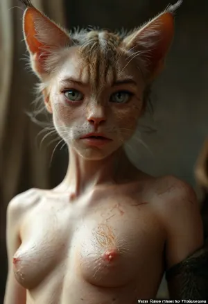 masterpiece, fit vascular, Antropomórfico, (cat), skin cat, full motled, pele realista, ultra realismo, alta definição, fundo solido, skinny, (wearing torn very tightly fitted clothes:.6), (intense possessed eyes), eyeliner, veiny legs, (intense veins all over her body:.5), (black detailed vein texture:.7), (transforming into a anorexic furry cat-girl:.3), (infected bulging black veins:.7), (intense detailed pussy texture:1.1), (sharp claws on her hands:1.03), Her intense gaze and poised stance add a daring, modern twist to the traditional drape, creating a striking and edgy aesthetic, subtly softening the bold composition, View her back side, Cinematic and luxurious, view alutrawide angle, wide angle, (angry, fighting with viewer:.7), full extra wide angle, full view, 4k details, extra detail, pointed ears, (full body view:1), wanapi, fur, all, fours, arching4s, <lora:wanapi:.3>, <lora:MJ52:.8>, <lora:arching4s:.5>