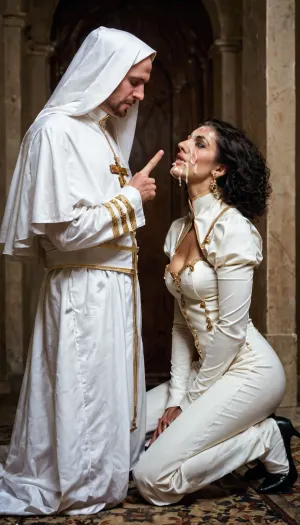 Side view of a man in a papal outfit, pope, hard dick is pointing out of his rope. Two women are kneeling in front of him, very petite, cum on faces., (photo realistic, hd), .