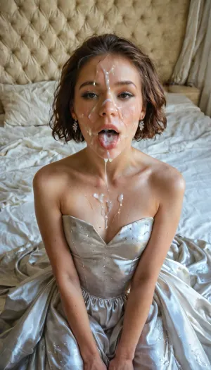 pov blowjob, (photo realistic, hd), a 19 year old, very petite, woman, short brown hair, cum on face, cum on hair, (promdress:1.4), ., cum, on, face, flat, chested, <lora:JustCum:1>, <lora:flat_chested_v3.5:.8>