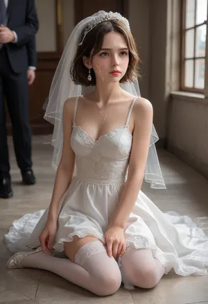 woman wearing wedding dress stockings and heels with cum on face and body