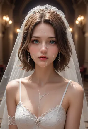 woman wearing wedding dress stockings and heels with cum on face and body