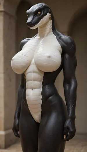 ((Female anthro python, black body, black skin, white scales)), nude, solo, (slim:1.5), (muscular:2), gigantic breasts, stomach bulge, underboob, 3/4 view