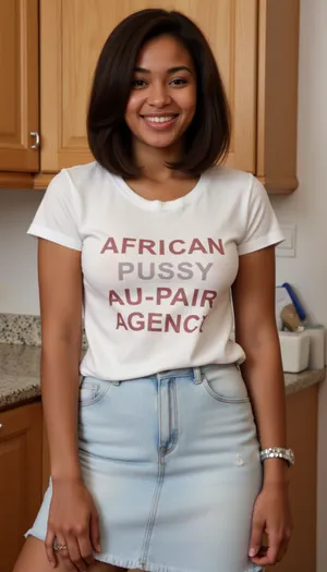 A 19 year old African woman, wearing skirt and t-shirt, smiling, is standing in a European kitchen. Her t-shirt is printed with text "AFRICAN PUSSY AU-PAIR AGENCY".