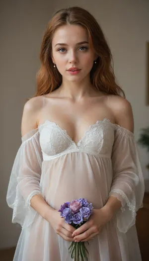 An intimate and emotionally intense portrait of a pregnant russian girl, cute russian girl, brown eyes, (((thin and narrow lips))), ginger long hair, body, small boobs, beauty happy face, cleavage, pretty, faces, she in love with viewer, teasing, begging, inside, flat, chested, made in a soft, artistic style. The main emphasis is placed on the tenderness and beauty of the female body during the period of waiting for . The woman stands against the background of a minimalistic dark space, which emphasizes her figure and creates an atmosphere of intimacy. She is wrapped in a translucent fabric in a pastel lilac shade, which gently wraps around her body, creating a feeling of lightness and lightness. The fabric partially covers the chest and exposes the rounded belly, symbolizing motherhood and life. The woman's hands gently hug her stomach, adding softness and warmth to the composition. In one of her hands she holds a small bouquet of delicate wildflowers, the shades of which harmoniously echo the color of the fabric. This adds a natural simplicity and refined aesthetics to the painting. Her long, ginger hair flows down, framing her face and enhancing the feeling of naturalness. The facial expression is calm and thoughtful, and the gaze is directed downward, which gives the image inner harmony and balance., <lora:flat_chested_v3.5:.8>