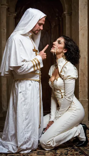 Side view of a man in a papal outfit, pope, hard dick is pointing out of his rope. Two women are kneeling in front of him, very petite, cum on faces., (photo realistic, hd), .