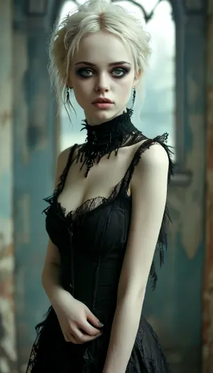 elegant ripped goth clothes, gothic, goth, pale skin, black eyeliner, full body view, <lora:MJ52:1>