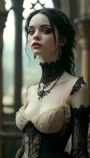 gothic, goth, pale skin, black eyeliner, full body view, <lora:MJ52:1>