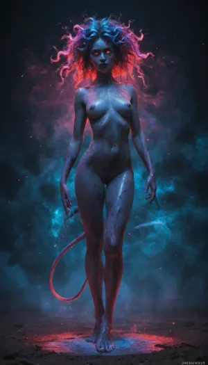 full body view, demon girl, zavy-hrglw, zavy-flrscnc, fluorescent, dust, spraypaint, Bioluminescent, radiant, ethereal, glowing, stars, <lora:zavy-hrglw-sdxl:.5>, <lora:zavy-flrscnc-sdxl:.5>, <lora:non glowing to glowing:.5>, <lora:Ethereal_Glowing_Stars_XL-000015:.5>, <lora:Glowing_beach:.5>