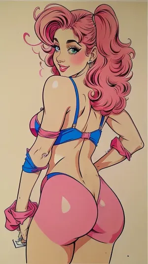 Don Bluth cartoon style, colored ink drawing, flat bright colors, monotone backgrounds, light erotica, sensual pose, teasing, flirting, lineart, flat, color, colors, line, art, <lora:lineart + flat colors v2:.5>, hot female 24 yo, pink curly hair, from behind