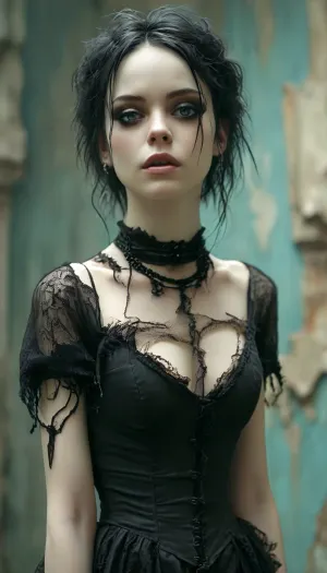 elegant ripped goth clothes, gothic, goth, pale skin, black eyeliner, full body view, <lora:MJ52:1>
