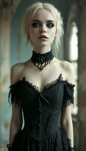 elegant ripped goth clothes, gothic, goth, pale skin, black eyeliner, full body view, <lora:MJ52:1>