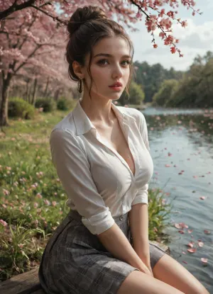 score_9, score_8_up, score_7_up, breasts, 1girl, sitting, skirt, earrings, cleavage, jewelry, cherry_blossoms, outdoors, grass, looking_at_viewer, shirt, grey_skirt, tree, parted_lips, blurry, hair_bun, lips, black_hair, single_hair_bun, solo_focus, large_breasts, river, blurry_background, day, brown_hair, brown_eyes, petals, arm_support, animal_print