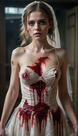 Zombie girl in a semi-transparent torn wedding dress with bloodstains, ultra realistic magic, ultra-detailed, 32k