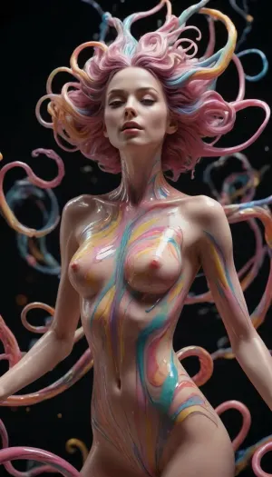 arafed image of a coquettish woman with a very long, chaotic swirling ferrofluids, dribbble 8k, nekro, sculpted out of candy, human bodies intertwined, scribbled lines, surrender, polychromatic, anthropomorphic, humanoid, diffuse subsurface scattering