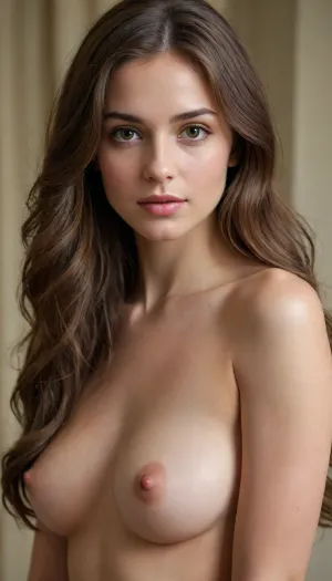 (90% body view, standing completely naked), Diana has a gentle, captivating beauty with long, wavy chestnut hair that cascades softly around her face. Her skin is smooth and radiant with a warm, natural glow. Her hazel eyes are expressive and framed by delicate lashes, giving her a calm, thoughtful look. She wears soft, muted rose lipstick that complements her features. while the earthy background enhances her serene, natural charm. Ultra realistic face, ultra detailed, masterpiece, slim, slender, good quality hands, good quality head, high quality, UHD, (perfect hands, perfect fingers), <lora:HandFineTuning_XL:1>