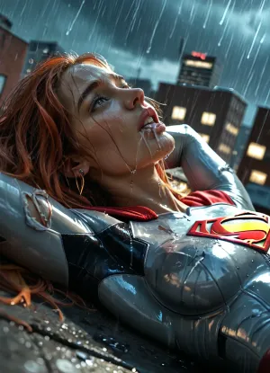 RAW image, Canon EOS R3, DSLR photo, 8k, best quality, (masterpiece:1.1), (realistic, photo-realistic:1.2), ultra high res, ((muscular), (fit and muscular)), backlight, (18 year old woman, redhead, beautiful), (woman's face post-orgasm:1.2), (close view of face:1.3), (wet hair), rain, ((rainy weather)), a dark raining city rooftop, ((rooftop)), ((toned shiny sexy supergirl, full-body catsuit)), (shiny catsuit), (ultra-thin catsuit material), (red platform boots), (on back with legs spread on a dark Skyscraper roof), sprawled on back, (head turned and laying on the ground), (body arched over broken and crushed metal rooftoop air-conditioner), (broken rooftop pieces laying around), (lying on top of wreckage), (side view near face), (mouth hanging open, vacant stare, eye roll:1.3), (watery cum is flowing from the pussy:1), jizzed, ((night, rain)), (torn clothes, revealing clothes:1.2), <lora:BUT_SDXL_SHS:.6>, <lora:add-detail-xl:.6>, <lora:DetailedEyes_V3:.5>, <lora:dark:.3>