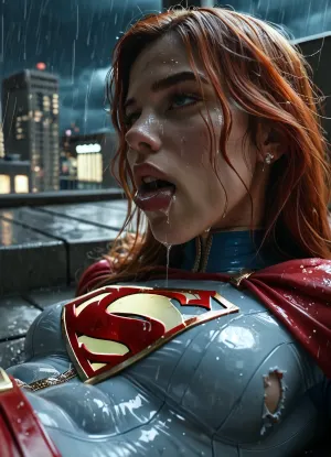 RAW image, Canon EOS R3, DSLR photo, 8k, best quality, (masterpiece:1.1), (realistic, photo-realistic:1.2), ultra high res, ((muscular), (fit and muscular)), backlight, (18 year old woman, redhead, beautiful), (woman's face post-orgasm:1.2), (close view of face:1.3), (wet hair), rain, ((rainy weather)), a dark raining city rooftop, ((rooftop)), ((toned shiny sexy supergirl, full-body catsuit)), (shiny catsuit), (ultra-thin catsuit material), (red platform boots), (on back with legs spread on a dark Skyscraper roof), sprawled on back, (head turned and laying on the ground), (body arched over broken and crushed metal rooftoop air-conditioner), (broken rooftop pieces laying around), (lying on top of wreckage), (side view near face), (mouth hanging open, vacant stare, eye roll:1.3), (watery cum is flowing from the pussy:1), jizzed, ((night, rain)), (torn clothes, revealing clothes:1.2), <lora:BUT_SDXL_SHS:.6>, <lora:add-detail-xl:.6>, <lora:DetailedEyes_V3:.5>, <lora:dark:.3>