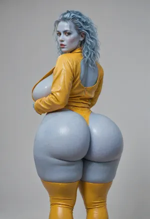 (view from behind), focus on butt, tight form fitting yellow jumpsuit, unzip suit with hand, (light blue skin), alien girl, (oversized thick thighs:1.5), bare huge large rounded breasts, unbottoned, open suit, ((gigantic plump butt:1.2)), looking back to viewer, bitting lip, waist, bimbo lips, (oversized wide hips:1.5), white background