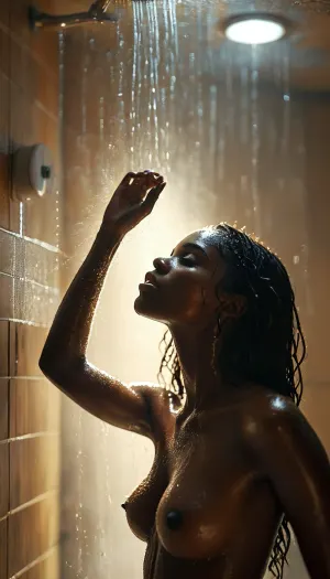 beautiful African 25yo woman is masturbating in a shower, busty, lonely, melancholic mood, game of shadows, wet hair, view from side, photorealistic, not paying attention, foggy, water showering, best detail, vagina, perfect fingers, contrasting shadows, bright light patches, light caustics, morning light, Low-key, lighting, Style, dim, low, dramatic, partially, covered, shadow, backlight, style, hair, dark skin, beautiful wet hair, ebony, small tits, muscular, <lora:MJ52:.8>