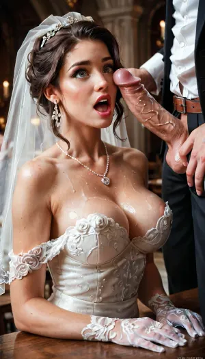 the wedding table, there are a lot of people at the table, one of them is the bride and groom, the bride shows her breasts, the groom looks at the bride's breasts, he has a standing cock sticking out of his fly, the girl is shocked by the penis, She's looking at a dick
