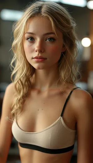 sexy young blonde woman, 18 years old, (photorealistic:.5), ((natural blonde hair)), slightly wavy, brushed, middle part, long hair, (tanned skin), (masterpiece:1.2), Instagram photo, ((fit body, thin waist, small tits, perfect tight ass)), seductive stare, ((thigh gap)), very skinny, slim thick ass, (sitting), (detailed skin texture, realistic face, ultra-realistic girl, photorealistic, ultra, HD, quality, insanely detailed), <lora:MJ52:.8>