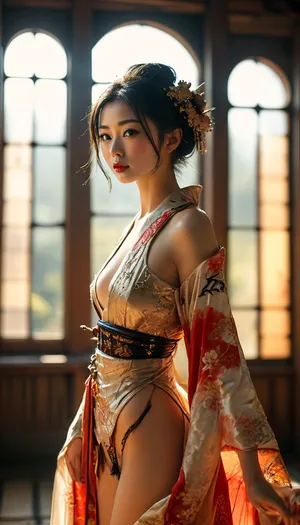 Full body, full view, steampunk, Japanese model, 22 years old, steampunk geisha, false eyelashes, makeup, (very long nipples), ((skinny)), open kimono, steampunk shinto temple, shot from below, good posture, arched back, ((Ultimate realistic photo details)), (((dynamic sexy pose))), (((bright sunlight))), detailxl, large, breasts, big, boobs, huge, tits, <lora:MJ52:.8>, <lora:710302_training_data:.8>, <lora:bombshell_v2:.2>, <lora:RealDownblouseXL2:.4>