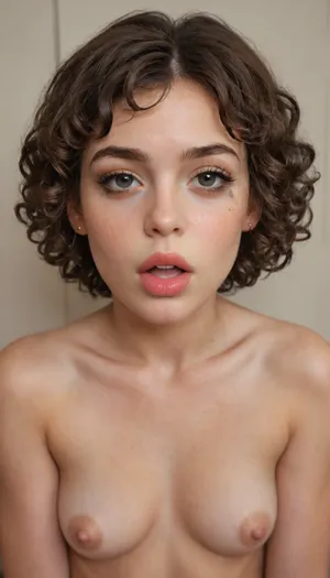 (POV), (young woman, oval face, smooth pale skin, delicate features:1), (very short curly bob, chocolate brown hair, short curls:1.2), (almond brown eyes, big cheeks, hairy pussy, small tits:.8), (big lips, straight nose, natural makeup:1.2), beautiful supermodel, perfect beautiful girl, beautiful tiny size breasts, open mouth, red lipstick, <lora:SquattingAnal:.8>