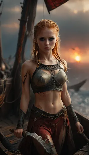 (Scandinavian warrior princess on a drakkar, fjord at sunset:1.3), (she is dynamic posing on viking ship:1.5), (in the fjord is a ship burning), (seductive pose and looking), furious, (cinematic), (very long legs), (sharp focus), (holding a battle axe:1), cinematic lighting, (best quality), (detailed), (wallpaper), (full body view:1.7), (dynamic posing:1), feet in bllod, skin with blood, ponytail, 3/4 view, (cameltoe), gorgeus, stunning, ((realistic:1)), masterpiece, best quality, (ginger hair), (Scandinavian queen warrior dress), asymmetrical hair, (blue eyes), eyebrow piercing, gwen stacy, (clothes torn), ripped, riven, (cinematic lighting), sns, drkms, braided, side, <lora:MJ52:.8>, <lora:DarkGrimFantasyXL-000004:.4>, <lora:Braided_Sides_V1:1.4>, <lora:hyperkraximalism_v1-1:.4>, <lora:RMSDXL_Enhance:.8>
