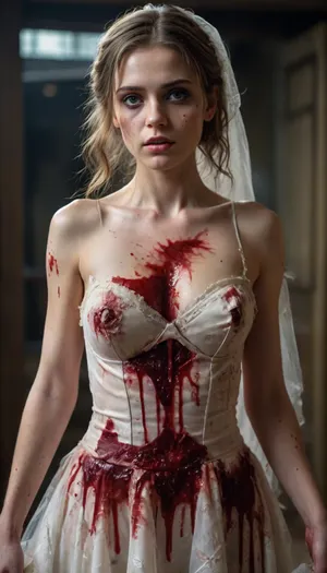Zombie girl in a semi-transparent torn wedding dress with bloodstains, ultra realistic magic, ultra-detailed, 32k