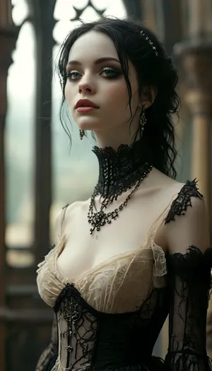 gothic, goth, pale skin, black eyeliner, full body view, <lora:MJ52:1>