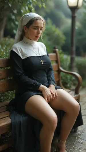Nun, 41 years, MILF, blond, ponytail, sexual body, slut mimic, full body, night, in the park, sitting on a bench, masturbating, orgasm, tongue sticking out, fingering, pussy, <lora:2FingersSDXL_v03:.5>, <lora:MJ52:1>