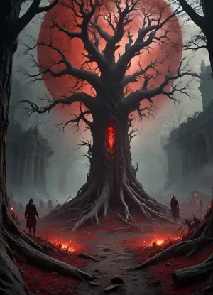 fantasy apocalypse, dark dystopian world, ruined ancient city overgrown with roots and crystals, blood-red sky with ominous black clouds, glowing magical runes on cracked ground, group of survivors in tattered cloaks and bone armor, shadowy creatures and mutated beasts roaming the ruins, massive otherworldly portal leaking dark energy, ethereal ghosts floating in the air, dark forest with bone-like trees and glowing veins, cinematic lighting, high detail, dark fantasy aesthetic, death symbolism, contrast of light and shadow