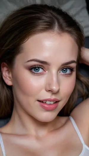 very very close up, various angles, head shot, A beautiful english woman lying down on her back illuminated against a plain dark background. Front lit, diffused background light, Glowing, shining, pale skin, oily skin, hard light, hourglass figure, perfect face, perfect mouth, perfect blue eyes, Brunette, Light brown hair, Bangs, hair behind, full of emotion, happy, mischievous smile, sensual, licking lips, tongue out, ready to suck cock, eyes half closed, POV