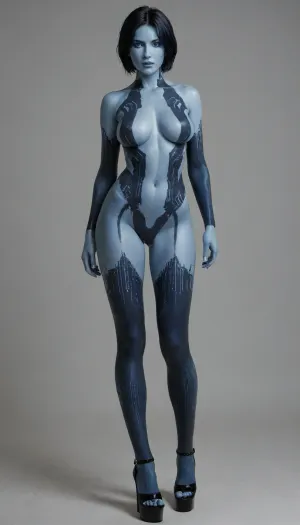 blue skin, blue hair, Cortana from Halo, Cortana robotized, robot Cortana, all shiny and metallic Cortana, metallic breasts, erect metallic nipples, all of her body is shiny metallic, having metallic pussy who squirting, very high platform heels, sultry look, front view, full body, full body view
