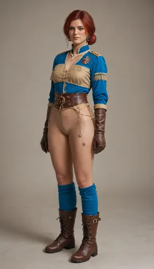 Triss Marigold from The Witcher 3, (tan leather doublet, blue leather doublet short sleeves with pearls around the shoulders, brown leather long sleeve gauntlets in Renaissance style, light brown leather epaulettes in Renaissance style, brown leather combat boots in Renaissance style), full body view
