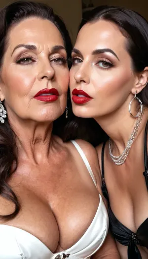 lesbian sexy granny mature, sexy 75 years old, dark brunette, long wave hair, very chubby, tan skin, sexy naught orgasm sexy face, naught sexy face, tall, selfie, glamour, make up, lipstick, huge hoop earrings, necklace, white leather corset, long face, pointed raised nose, kissing a young woman 25 years old, touching lips