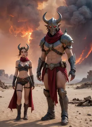 Two cute 22-year-old desert elven rangers stand in a vast, desolate post-apocalyptic desert under a burning red sky. The land is cracked and lifeless, with ruins of ancient civilizations buried beneath the sand. They wear rugged, scavenged gear — leather armor wrapped in cloth, scarves covering their faces. Between them and a distant broken archway stands a monstrous mutated minotaur — over 9 feet tall, half-humanoid, half-beast, with jagged obsidian horns, glowing red eyes, and tattered remains of old war-armor fused into his flesh. He waits like a guardian of forgotten secrets, blocking the only path forward. The girls are terrified but determined. Dust swirls unnaturally around them, as if stirred by unseen forces. Style, dark fantasy, dystopian world, mystical atmosphere, cinematic lighting, high detail., 4ng3l, face, <lora:SDXL_BetterFaces-LoRA_v1:.6>