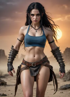 A 25-year-old desert survivor in a post-apocalyptic fantasy world that stands at the edge of a vast, cracked wasteland under an ominous gray-orange sky. The land is ruined and lifeless, littered with the ruins of forgotten civilizations and gnarled trees petrified by time.

The girl has long black hair pulled back in messy braids and dreadlocks, and fair skin with soft, doll-like features. Her big blue eyes are full of fear, but also charm. She is wearing a modest outfit made of stitched leather and torn fabric, a cropped top and a short skirt that accentuates her toned figure. She looks back at the monster behind her with a mixture of greed and strange attraction. Looming behind her is a monstrous mutated minotaur-over 10 feet tall, muscular and primal, with jagged obsidian horns, glowing red eyes filled with rage, battle scars etched into its flesh, and chains hanging from its belt. His body is a terrifying fusion of power and mutation-his armor is half-melted into muscle, his sinews exposed beneath a torn hide-and yet he has an undeniable animal magnetism." He stomps forward through the swirling dust and ash, stalking the girl with predatory concentration, his huge cock sticking out and wanting to plunge into the cute elf's holes. Style, dark fantasy, dystopian apocalyptic setting, cinematic lighting, dramatic moment of action, high detail, sensual tension