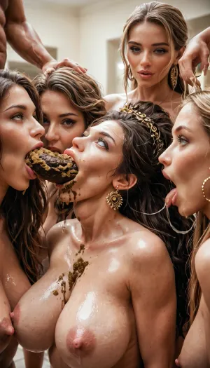 Harem, shit eating orgy, shit buffet, many women eating shit, starving, hungry for shit, full body view, massive throat bulge, swallowing too much, extreme throat bulge, bellies full with shit, stuffing their faces with shit, long blond hair, in a grand hall, ⁸bushy, Long, hair, large, breasts, big, boobs, huge, tits, <lora:SDXL_long_hair_Sa_May:.8>, <lora:bombshell_v2:.8>, luxurious, buff3t, h4ll, <lora:luxurious_buff3t_h4ll:.8>