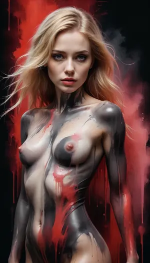 8k, RGB, HDR, oil paints, watercolors, bright saturated colors, Anna Razumovskaya, Jarek Kubicki, Aleksi Brilo, Darek Zabrotsky, Sakimichan, Loisch, Aminola Rezai, photo RAW, black, dark red, (full body:1.4), Mixed media collage., beautiful face. Calligraphy, gouache wash, pen sketch, thin lines, vintage illustration style. Black, white, coral pink, red, blonde hair, beautiful patterns, ral-melting, <lora:ral-melting-sdxl:.5>