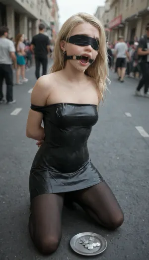 Surrender by man, tears, 1girl, tied, tied arms, tied legs, solo, blonde hair, kneeling, cum on face, black pantyhose, full body, street lane, metal plate with silver coins, crowd, ring gag, open mouth gag, ring, gag, luna, lovegood, blindfold, strapless, tube, dress, bodycon, <lora:gagged-4e:.8>, <lora:crowd_notrigger:.8>, <lora:luna lovegood:.8>, <lora:Blindfolded:.8>, <lora:Plain_tube_dress:.8>