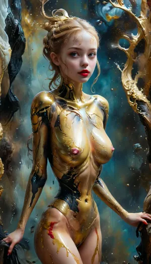 ultra realistic close photo, low angle, photography, bright day, walking down a tree-lined street on a sunny day, (red lipstick:1.3), A woman with ginger hair in half-ponytail, hoop earrings, curtain bangs, dressed in a top that shows cleavage, pleated skirt and thong, showing midriff, wearing a golden symbiote, red womb tattoo, out, (golden alien symbiote living clothes in gold:1.4), leaking golden ooze, tanned girl 18 years old, (dark wet golden goo drenched in golden paint:1.3), sexy slutty tanned woman with huge curvy boobs and hips, narrow waist skinny thick, front view, shy smiling, (seductive pose and looking), (wallpaper), (full body view:1.1), (cameltoe_1), gorgeus, stunning, ((realistic:1)), masterpiece, best quality, (ginger hair), ral-vlntxplzn, <lora:ral-vlntxplzn-sdxl:.1>, <lora:Microwaist_XL_v01:1.3>, <lora:MJ52:.7>, <lora:HandFineTuning_XL:1.5>, <lora:hyperkraximalism_v1-1:.8>