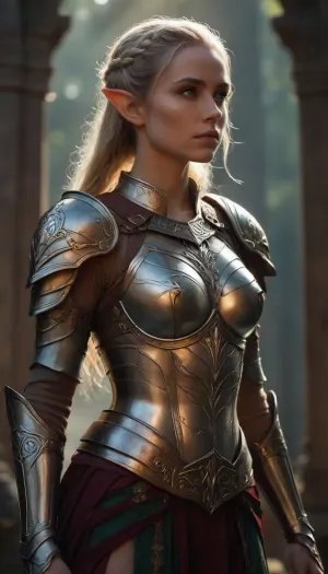 an fantasy elf female warrior princess, full figure, full plate armor, artiangel, <lora:554328_training_data:.8>