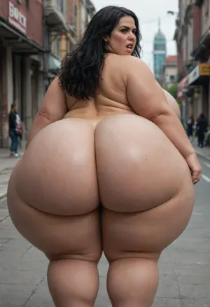 (bbw:1.6), ((OBESE)), super fat 35 years old woman, (very long straight black hair:1.3), (short woman), wet shiny skin, double chin, (looking back to viewer), (eye contact), (gaped teeth, buck teeth), (thick thighs:1.6), (visible buttcrack, massive booty, deep buttcrack:1.4), bare gigantic boobs, (super wide hips:1.8), (gigantic enormous plump butt:1.5), white background, realistic detailed dark black hair, view from behind or side, (((upset))), walking, homeless, dark junkyard background, super angry, furious mad, (facial expression extremely shocked mad:1.4), angry, calm, <lora:angry:1>, <lora:cfg_scale_boost:1>