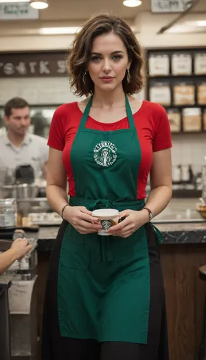 mature woman, starbucks outfit with apron, mommy body, black skirt, many people around starbucks
