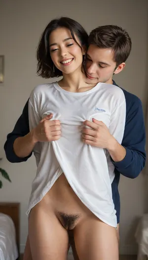 18 yo Asian girl Jennie. she is smiling and happy, perfect teeth, She has a happy expression, Best quality., <lora:784162_training_data:.8>, (((She is wearing an only a shirt. Bottomless. No pants. No panties. Her hairy vagina is visible.))), Her hairy vagina is the center of the image, and, (she is facing forward), . She is in her bedroom. Break. Her, ((fully dressed boyfriend)), is standing behind her kissing her neck and feeling her body from behind her back. The man’s eyes are closed . He has short hair.