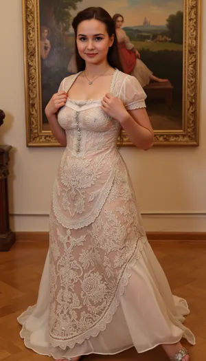 Natasha Rostova, in an art gallery, dressed in a 19th-century Russian ball gown adorned with intricate lace and shimmering crystals, jewelry, 4K, best quality, realistic, photorealistic, masterpiece, extremely detailed, an extremely delicate and beautiful, dynamic, realistic anatomy, great lighting, perfect shading, professional shading, depth of field, ((solo)), 19th century, 19 yo cute girl, lifting, her, shirt, to, reveal, breasts, <lora:Mardi_Gras_Women-000006:.8>