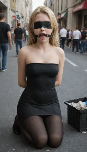 Surrender by man, 1girl, tied, tied arms, tied legs, solo, blonde hair, kneeling, cum on face, black pantyhose, full body, street lane, trash box, crowd, ring gag, open mouth gag, ring, gag, luna, lovegood, blindfold, strapless, tube, dress, bodycon, <lora:gagged-4e:.8>, <lora:crowd_notrigger:.8>, <lora:luna lovegood:.8>, <lora:Blindfolded:.8>, <lora:Plain_tube_dress:.8>