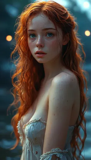 realistic, perfect body, perfect eyes, detailed eyes, detailed hairstyle, best quality, masterpiece, ultra high detail, extremely detailed, dynamic perspective, bright colors, atmospheric, (detailed smooth skin), full body view, cute girl, redhead, long hair, wavy hair, slim figure, firm tits, sexy ass., (((A creature whose cries reverberate with eerie emptiness))), novuschroma08, style, detailxl, <lora:novuschroma08 style:.8>, <lora:654321_training_data:.8>, <lora:add-detail-xl:.8>, <lora:MJ52:.8>, <lora:CinematicStyle_v1:.8>