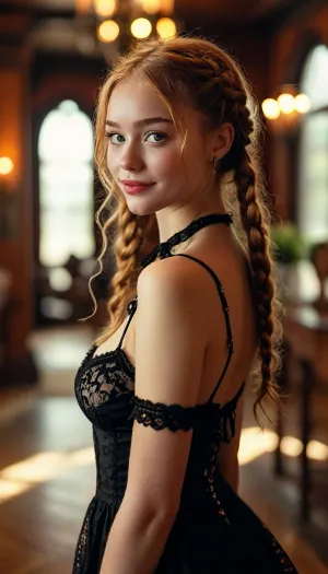 happy, (smile), busty gorgeous beautiful 18 year old, (short:1.2), black, (lace), minidress, no underwear, pussy exposed, stockings, slim figure, eye contact, ginger hair braids, firm boobs, detailed skin, perfect detailed eyes, elegant classy upscale, walking in luxury mansion, (bracelets rings pendant lipstick:1), ., <lora:MJ52:.8>